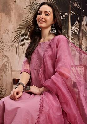 Pink Embroidered Blended Kurta Set