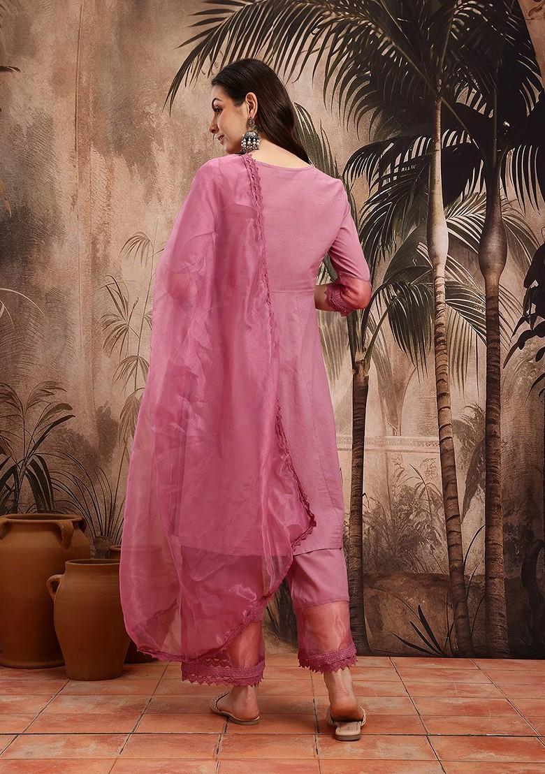 Pink Embroidered Blended Kurta Set - Indya
