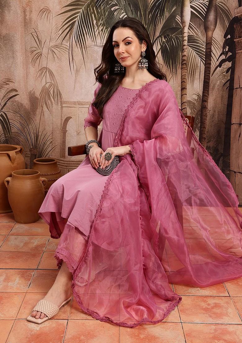 Pink Embroidered Blended Kurta Set - Indya