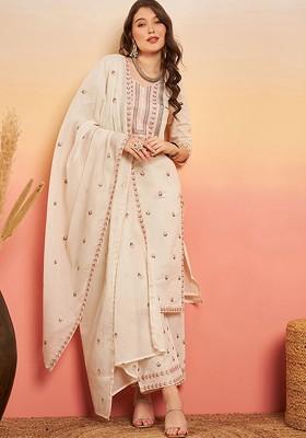 Off White Embroidered Blended Kurta Set