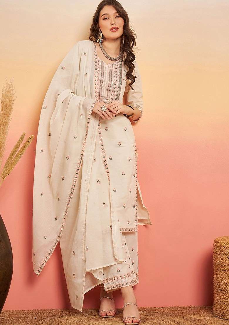 Off White Embroidered Blended Kurta Set - Indya