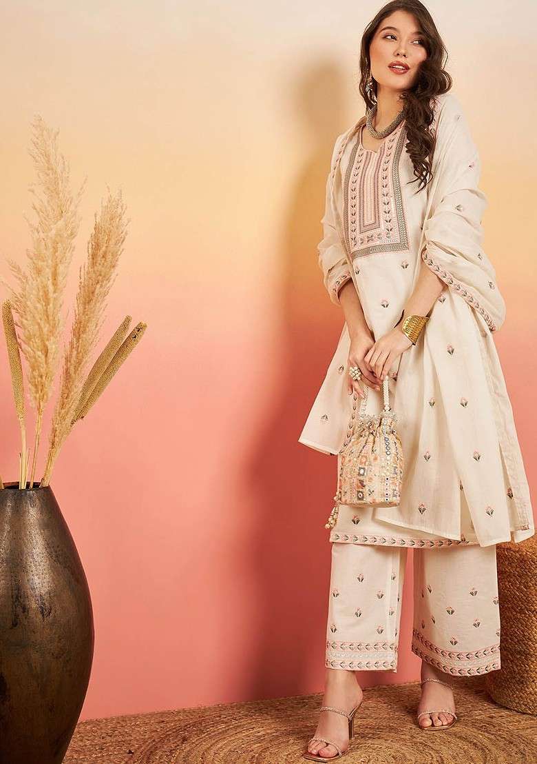 Off White Embroidered Blended Kurta Set - Indya
