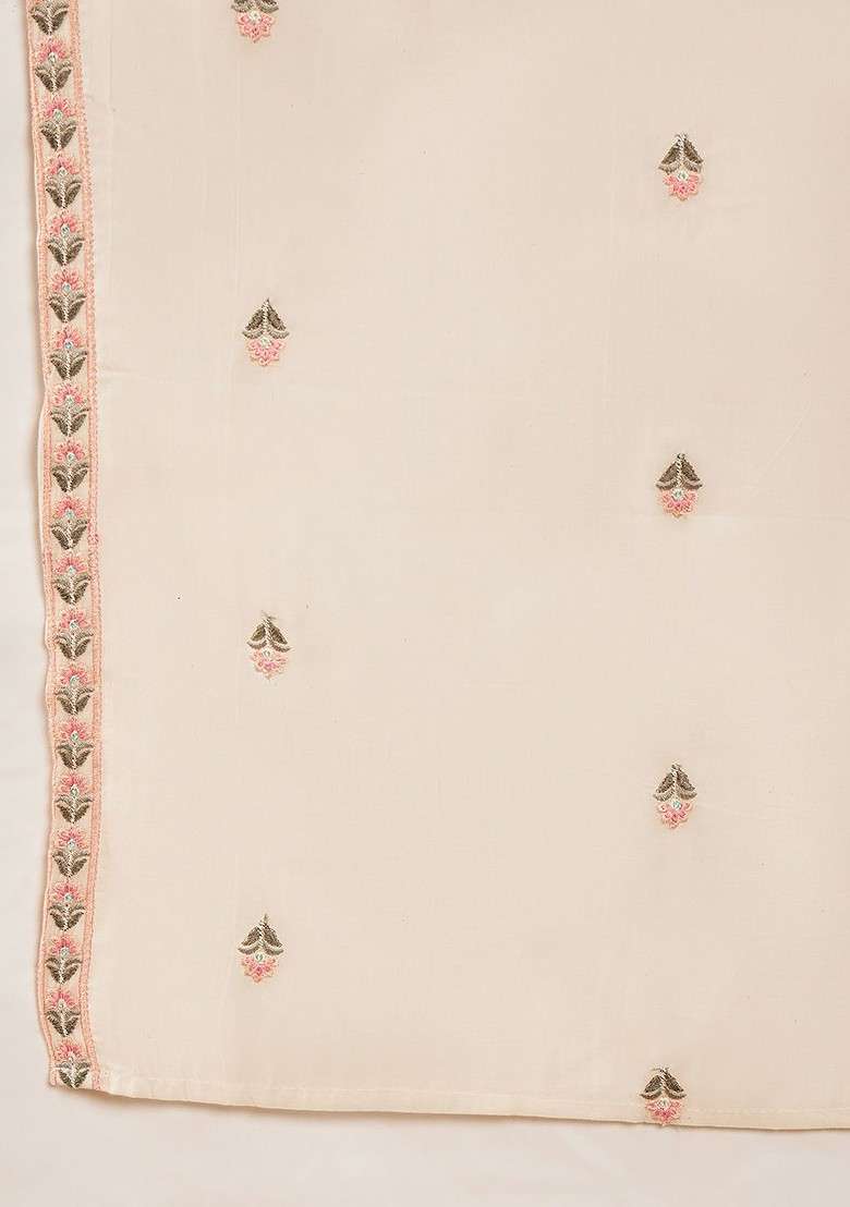 Off White Embroidered Blended Kurta Set - Indya