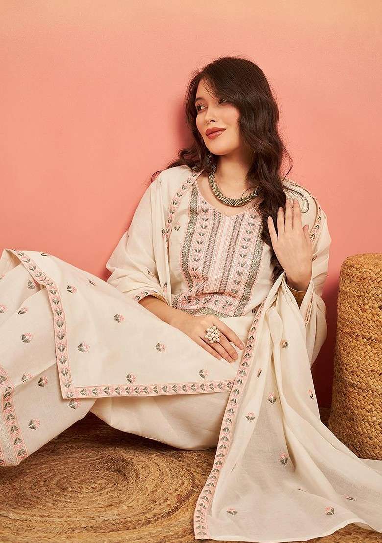 Off White Embroidered Blended Kurta Set - Indya