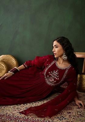 Maroon Sequinned Blended Kurta Set