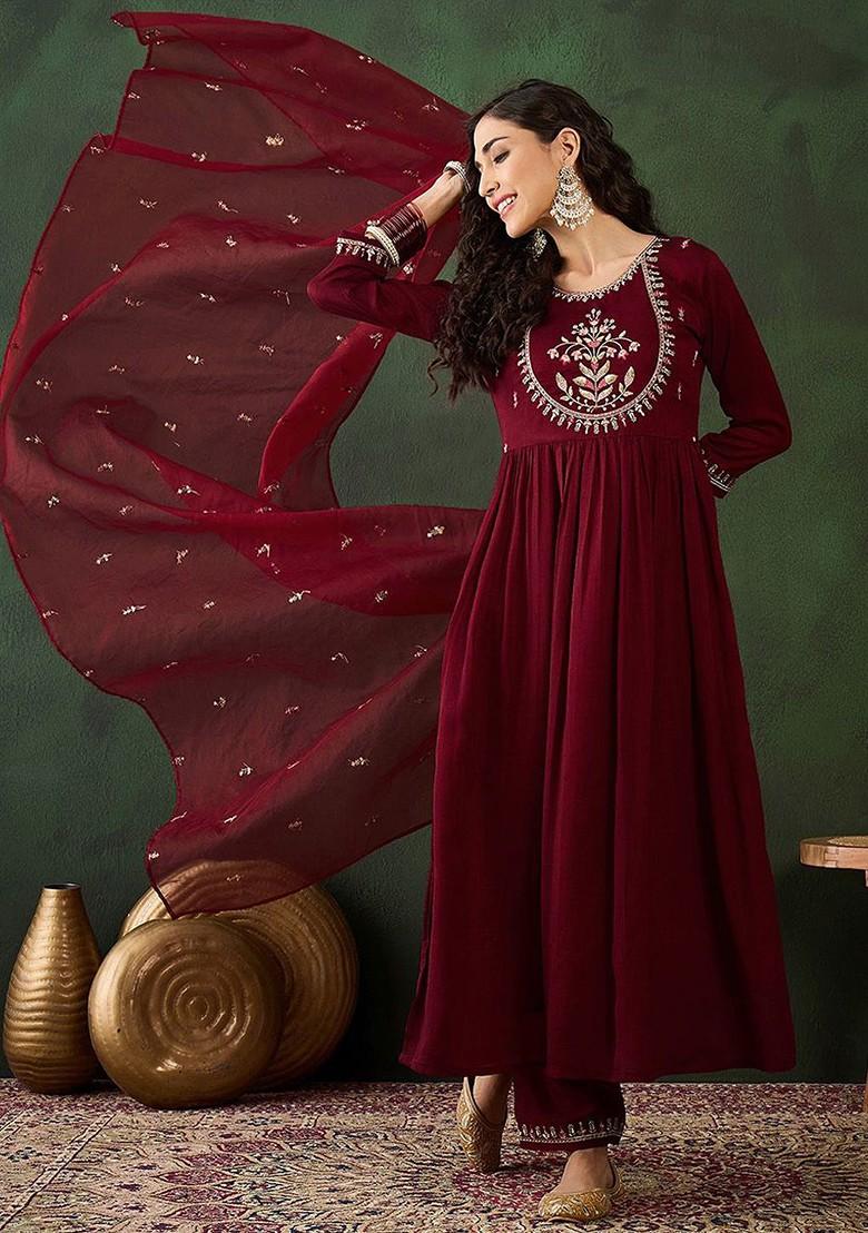 Maroon Sequinned Blended Kurta Set - Indya