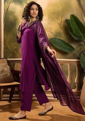 Purple Yoke Design Blended Kurta Set