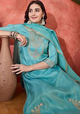 Turquoise Blue Embroidered Blended Kurta Set