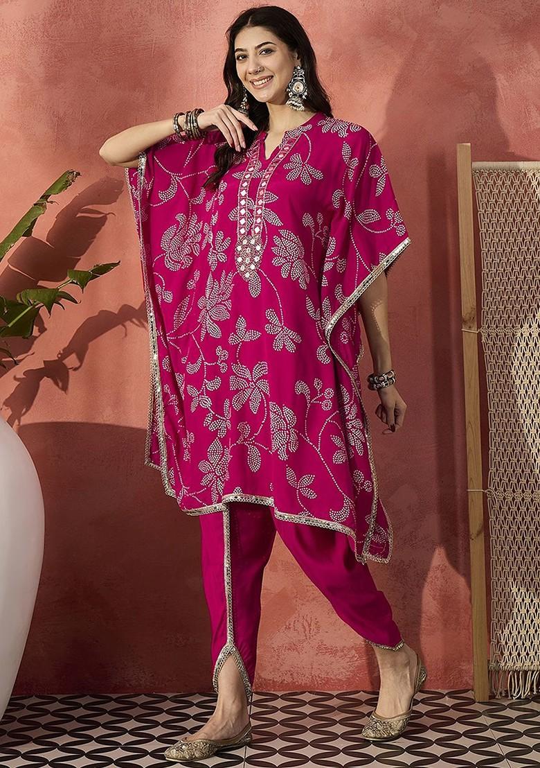 Pink Printed Blended Kurta Set - Indya