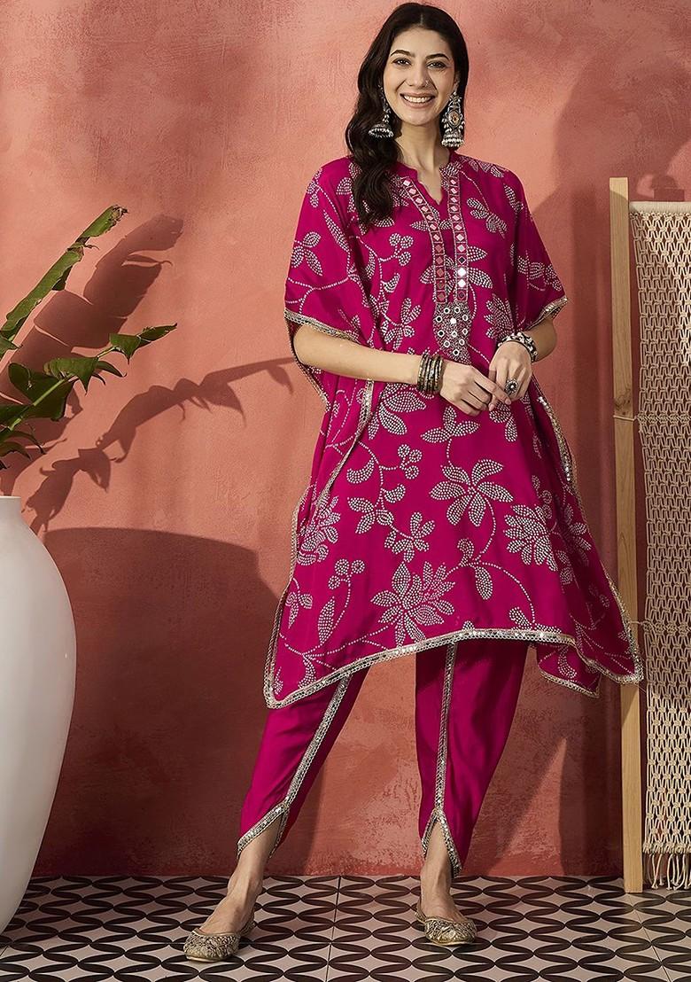 Pink Printed Blended Kurta Set - Indya