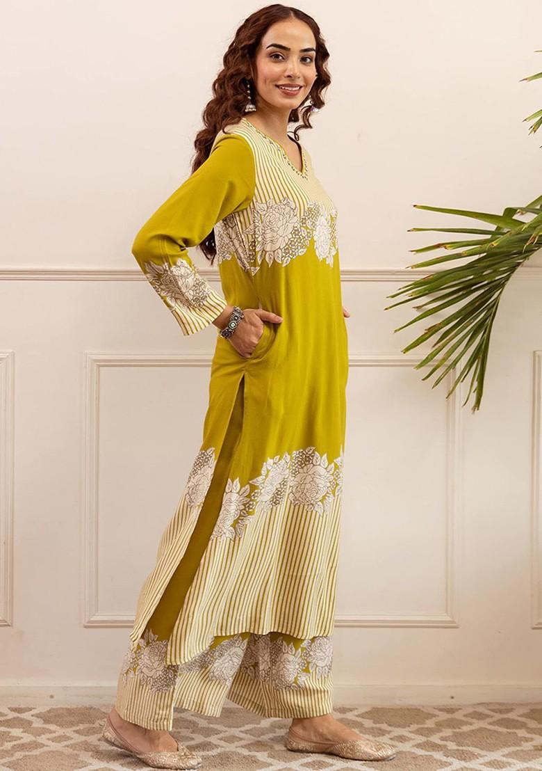 Lime Green Printed Blended Kurta Set - Indya