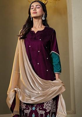 Burgundy Embroidered Blended Kurta Set