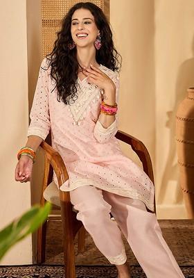 Pink Embroidered Blended Kurta Set