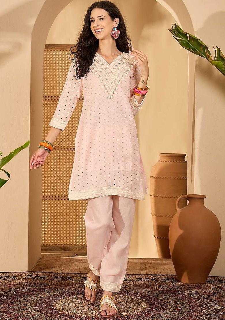 Pink Embroidered Blended Kurta Set - Indya