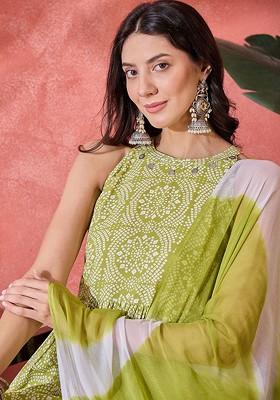 Lime Green Printed Blended Kurta Set
