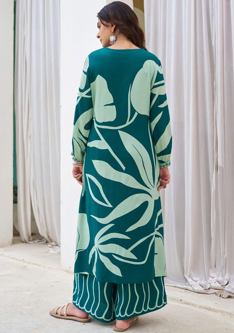 Green Printed Blended Kurta Set - Indya
