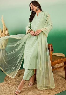Green Embroidered Blended Kurta Set