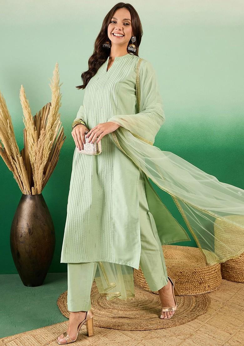 Green Embroidered Blended Kurta Set - Indya