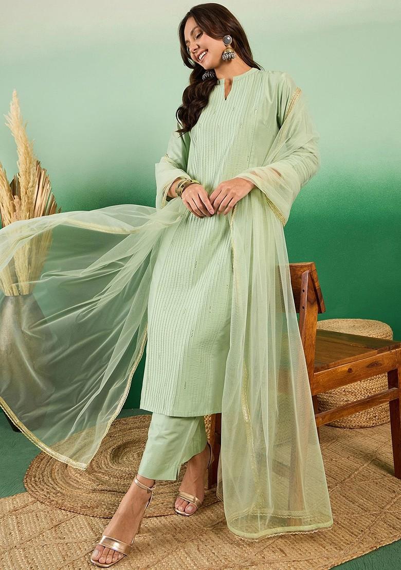Green Embroidered Blended Kurta Set - Indya
