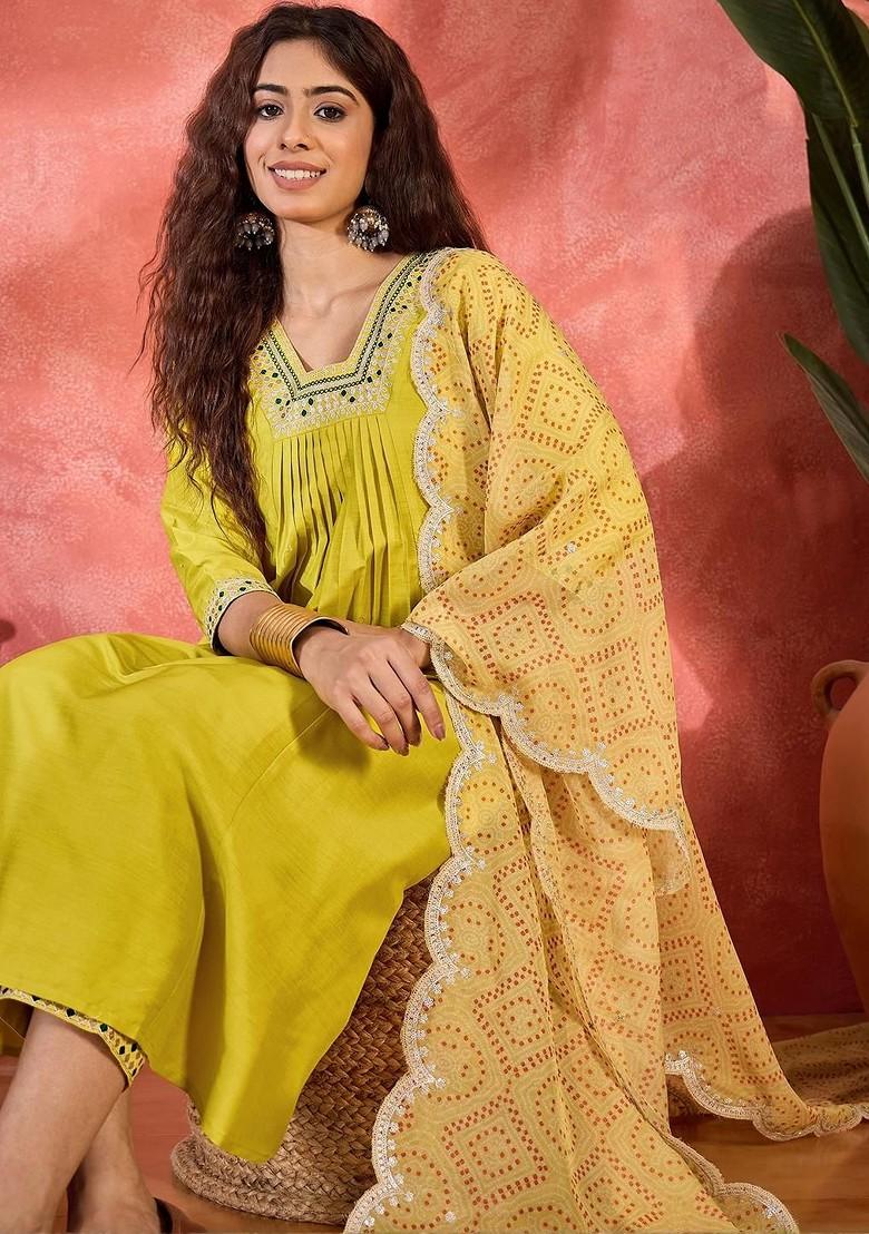 Yellow Yoke Design Blended Kurta Set - Indya