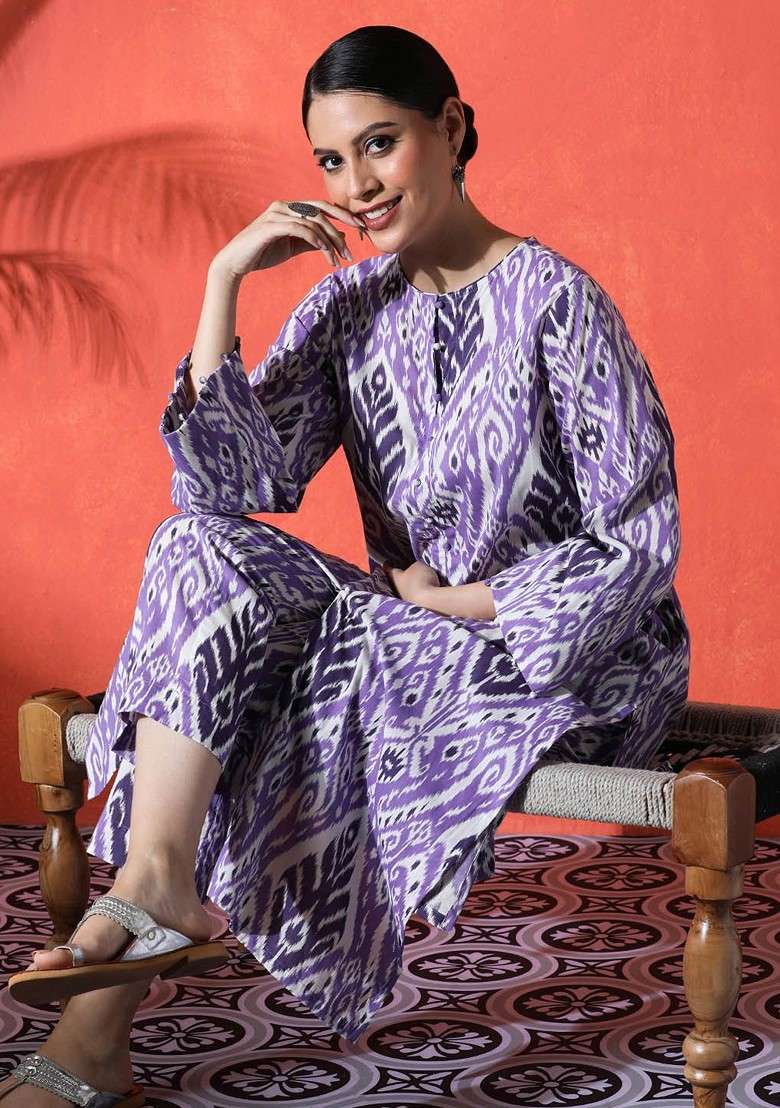 Purple Printed Blended Kurta Set - Indya