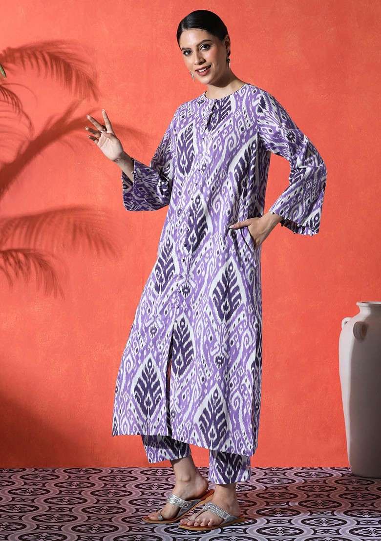Purple Printed Blended Kurta Set - Indya