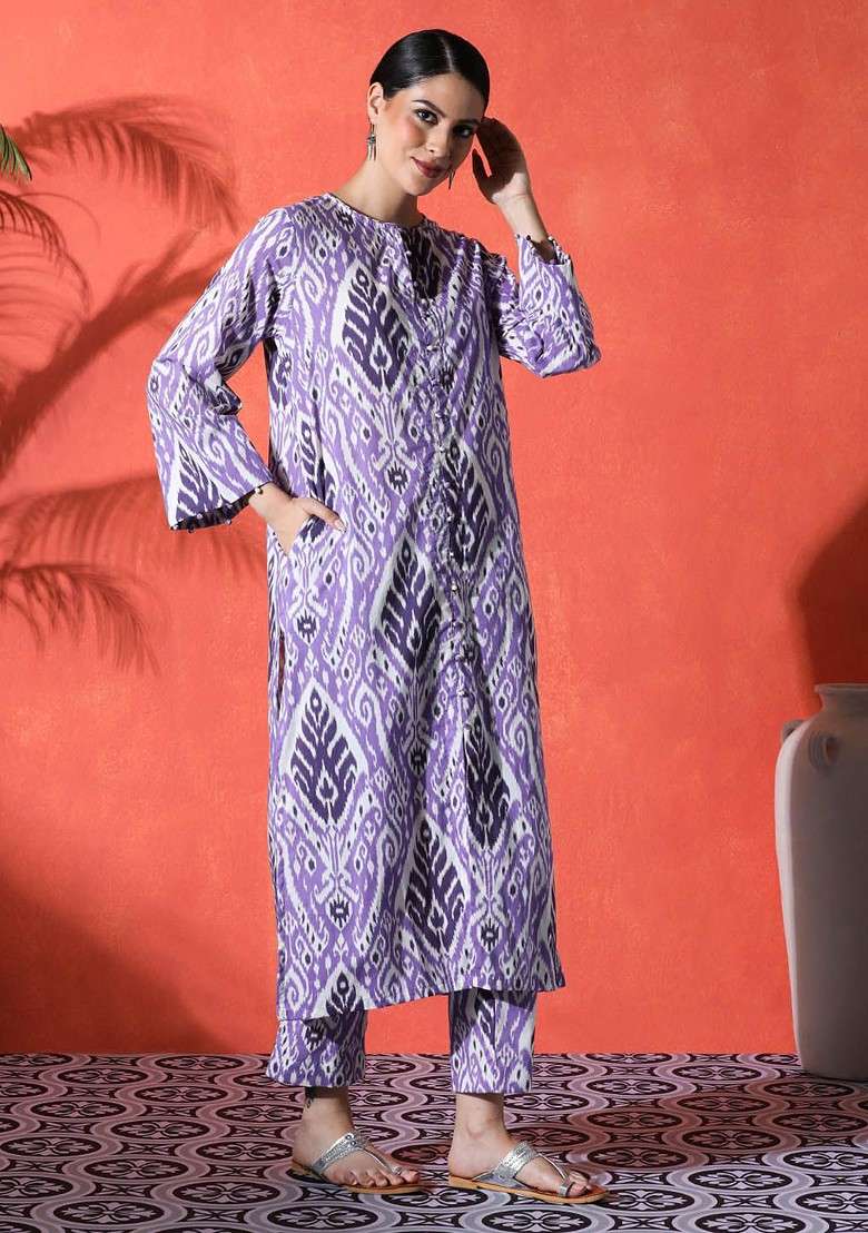 Purple Printed Blended Kurta Set - Indya