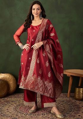 Maroon Woven Design Blended Kurta Set