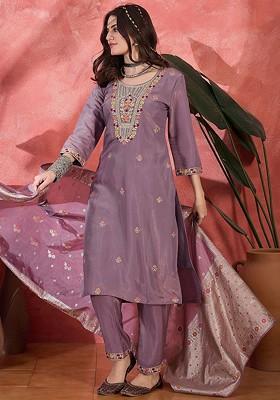 Lavender Embroidered Blended Kurta Set