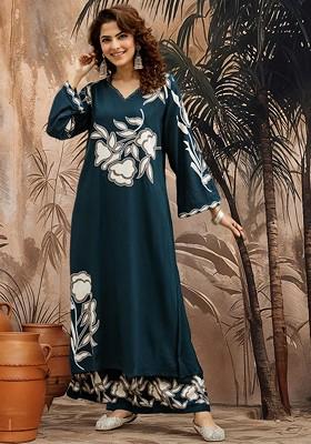 Blue Printed Blended Kurta Set