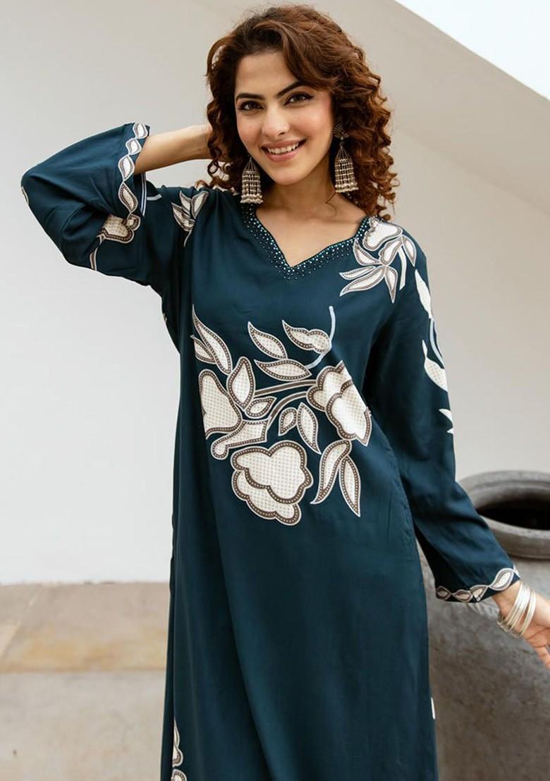 Blue Printed Blended Kurta Set - Indya
