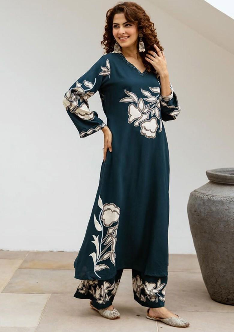 Blue Printed Blended Kurta Set - Indya