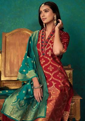 Maroon Thread Work Blended Kurta Set