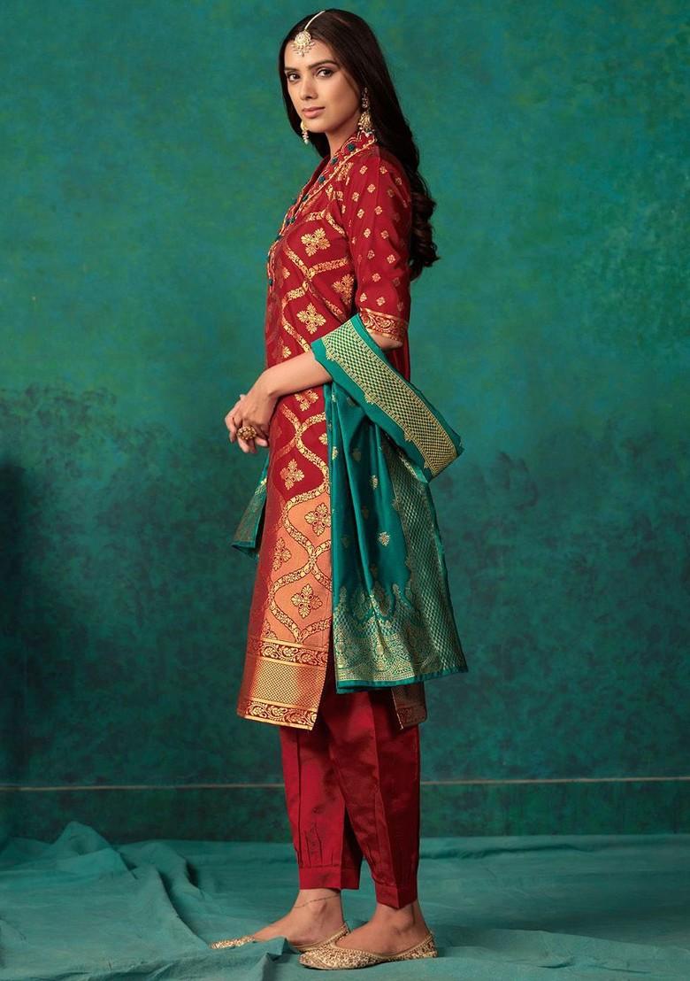 Maroon Thread Work Blended Kurta Set - Indya