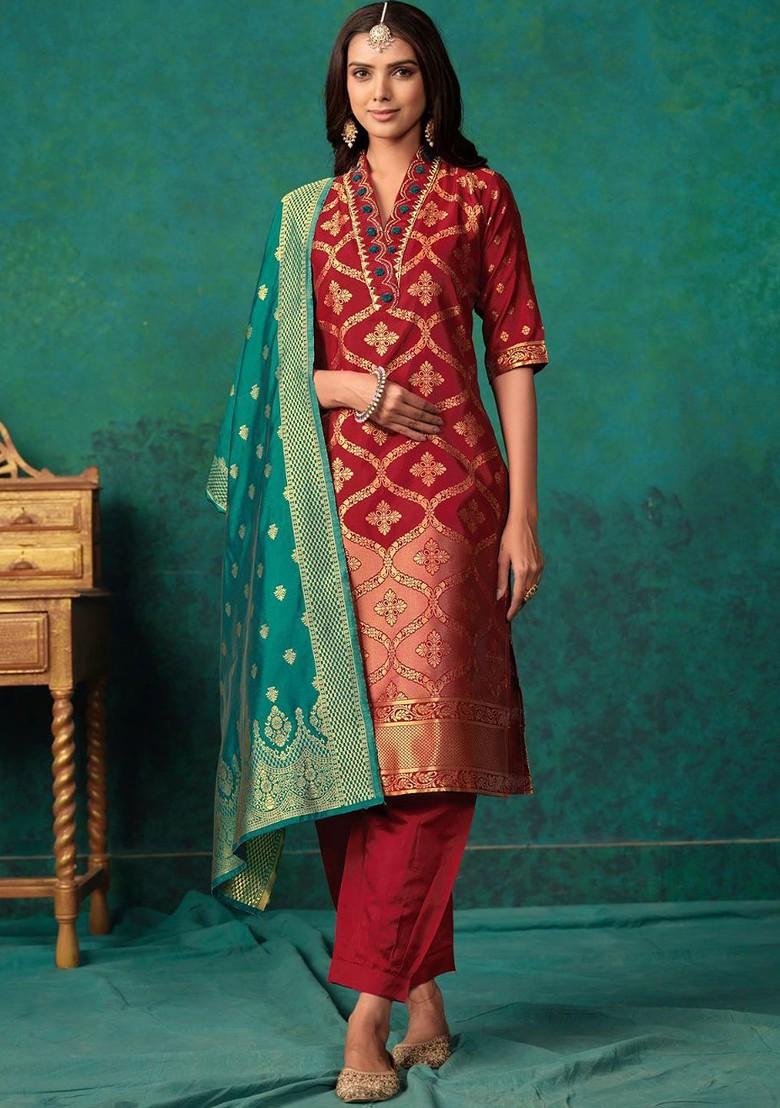 Maroon Thread Work Blended Kurta Set - Indya