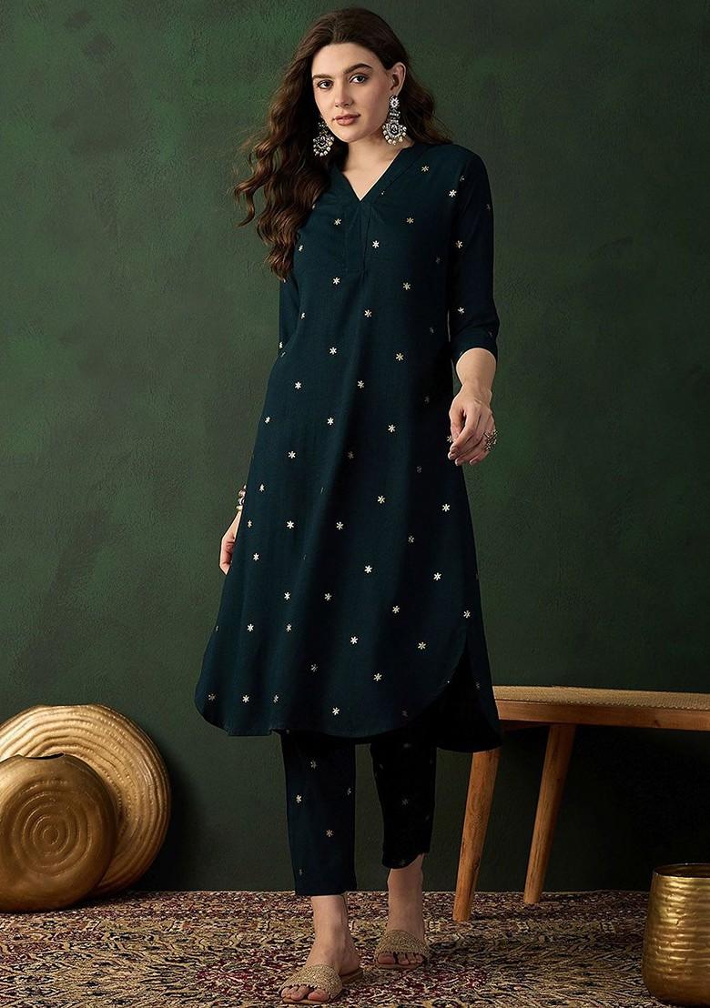 Teal Printed Blended Kurta Set - Indya