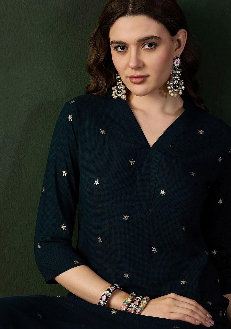 Teal Printed Blended Kurta Set - Indya