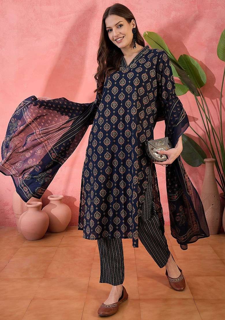 Navy Blue Printed Blended Kurta Set - Indya