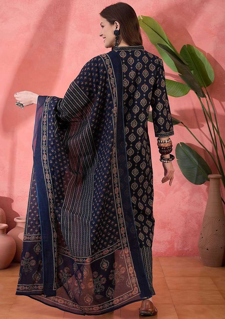 Navy Blue Printed Blended Kurta Set - Indya
