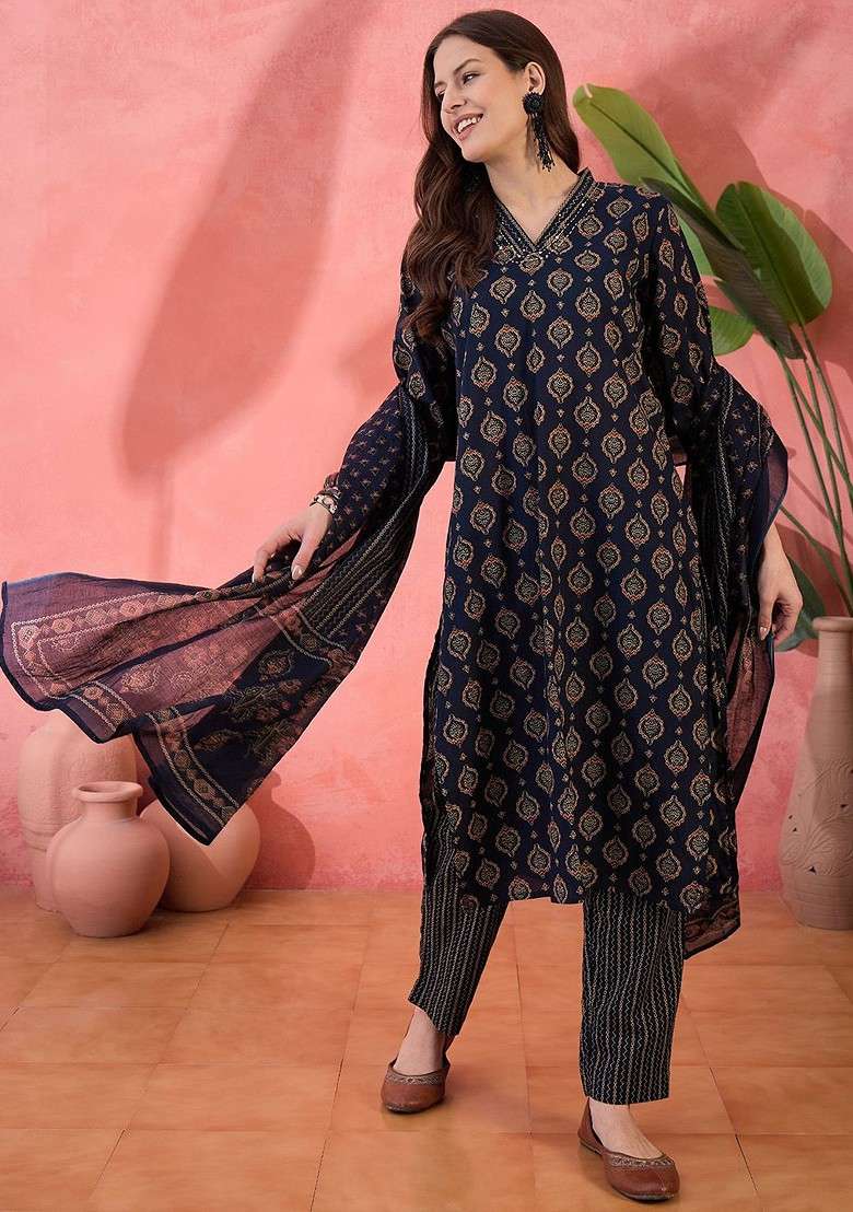 Navy Blue Printed Blended Kurta Set - Indya