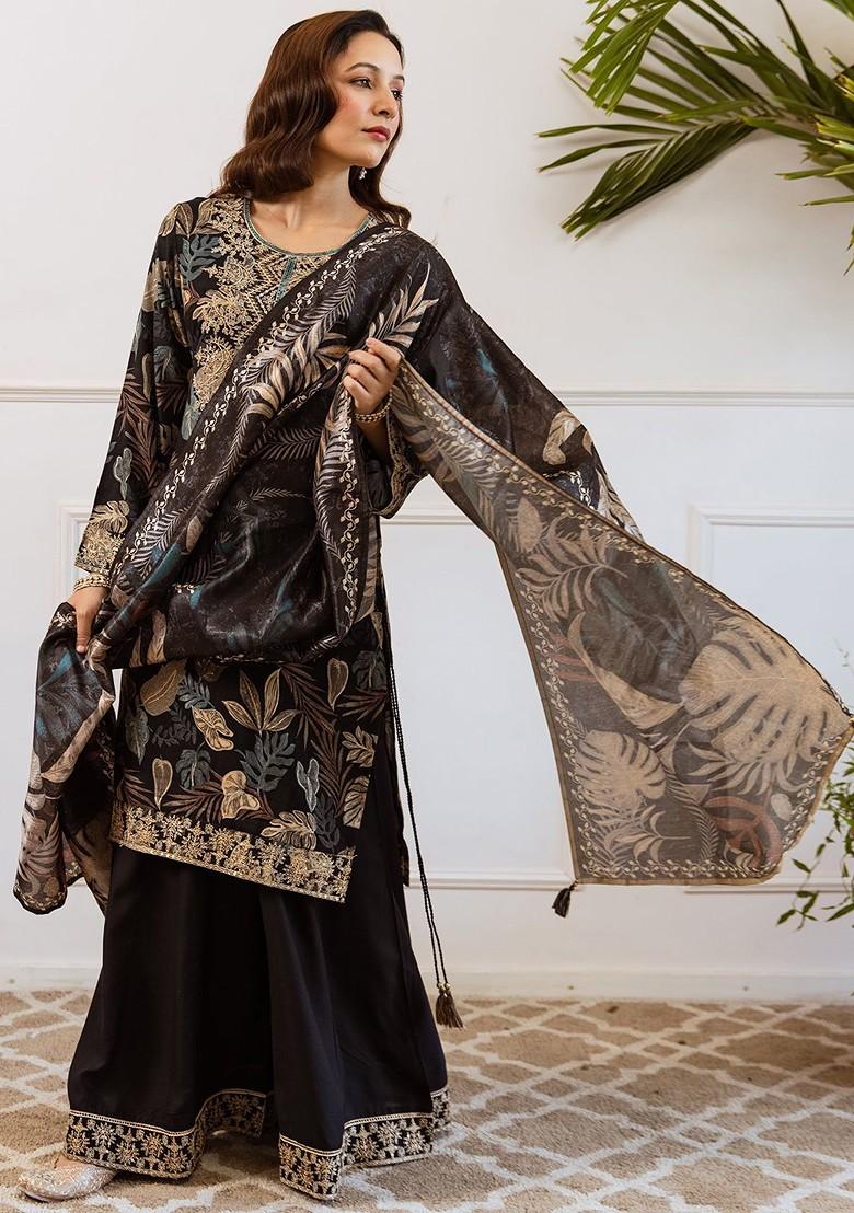 Black Embroidered Blended Kurta Set - Indya