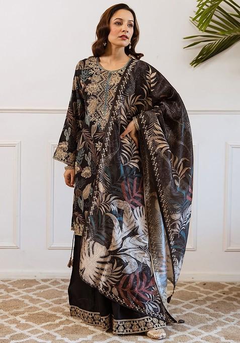 Black Embroidered Blended Kurta Set