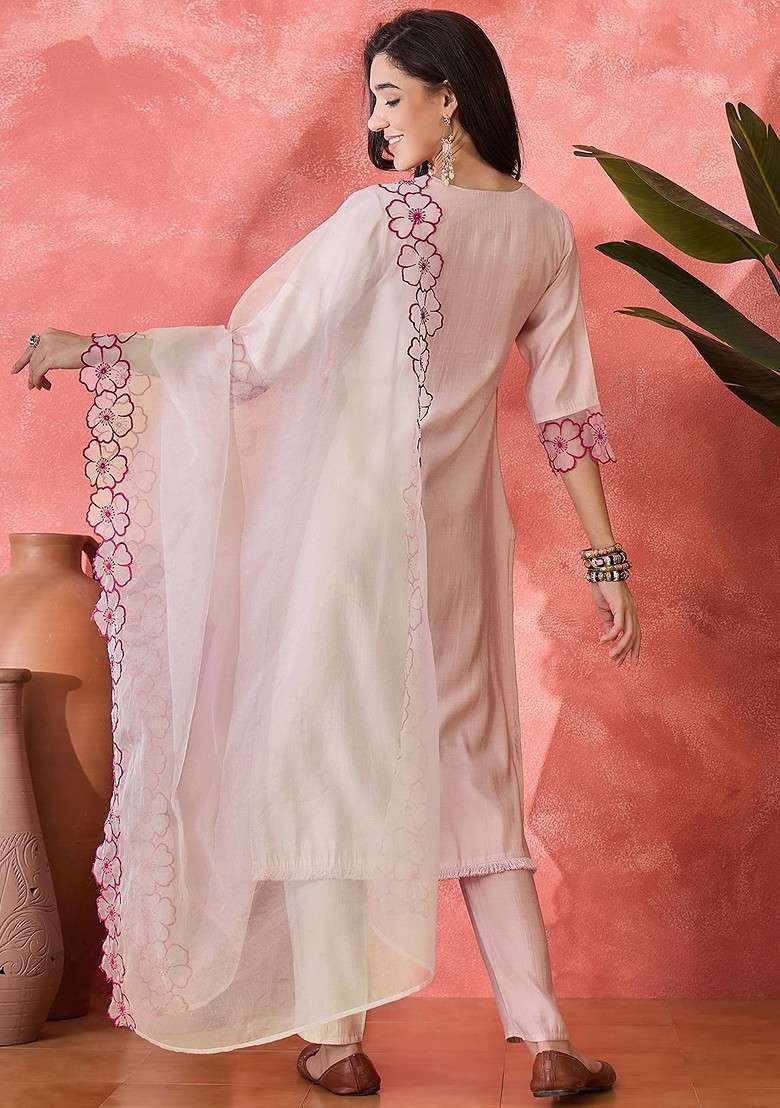 Peach Embroidered Blended Kurta Set - Indya