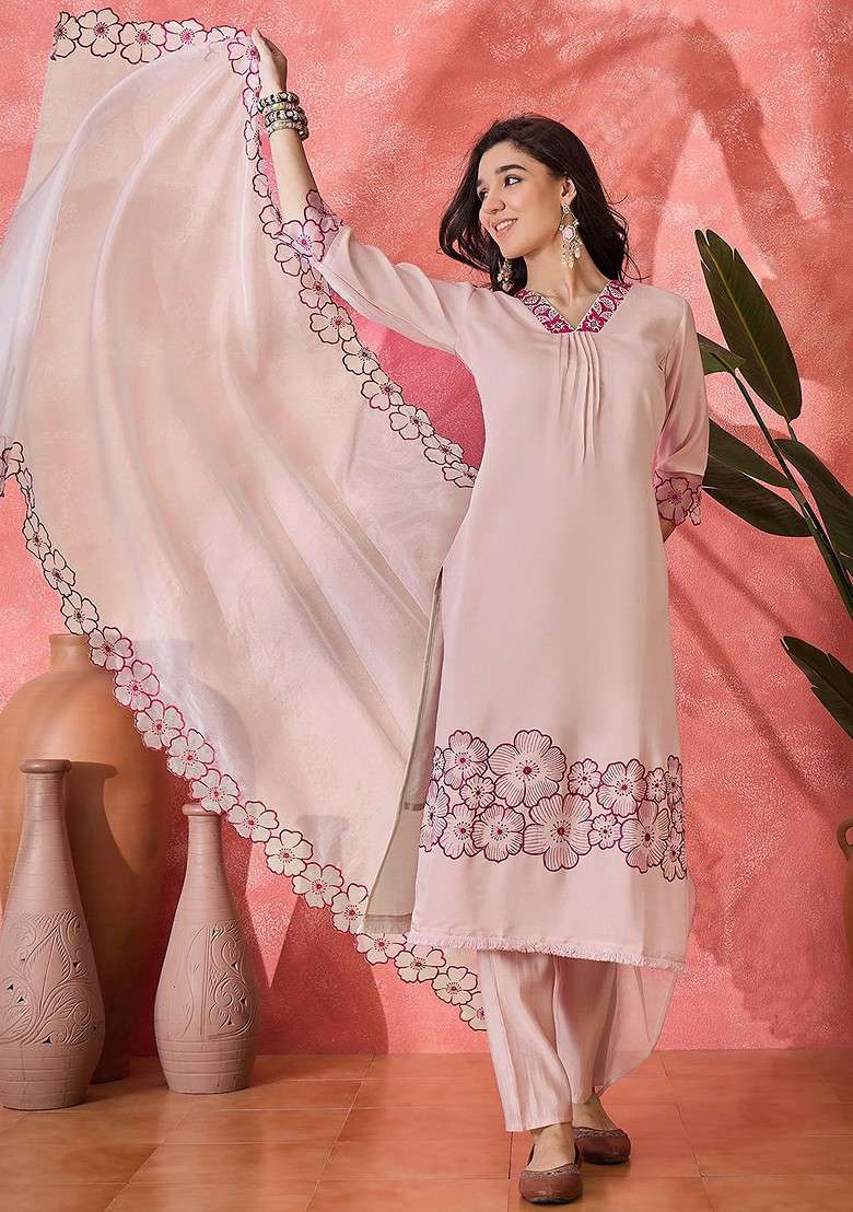 Peach Embroidered Blended Kurta Set - Indya