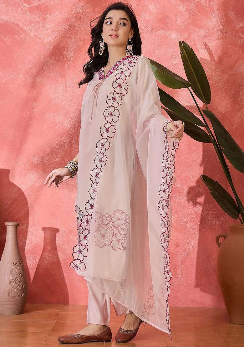Peach Embroidered Blended Kurta Set - Indya