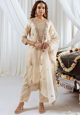 Beige Embroidered Blended Kurta Set