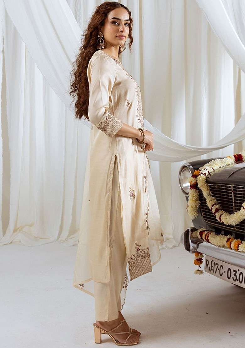 Beige Embroidered Blended Kurta Set - Indya