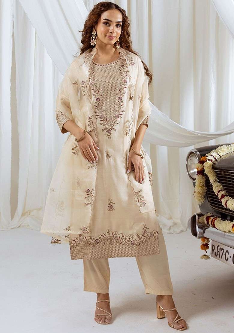 Beige Embroidered Blended Kurta Set - Indya