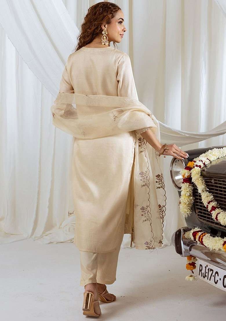 Beige Embroidered Blended Kurta Set - Indya