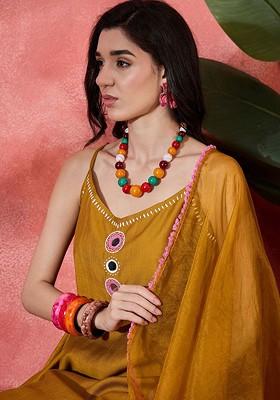 Mustard Embroidered Blended Kurta Set